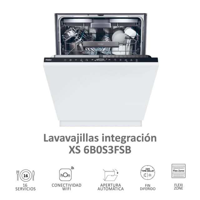Detalle de Haier Lavavajillas integrable XI 6B0S3FSB reacondicionado grado C (60 cm, 16 servicios, WiFi Washlens Plus)