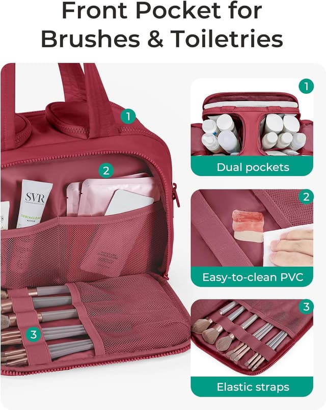 Detalle de BAGSMART Reise-Kulturbeutel Damen (groß) Granatapfelrot – Toiletry Bag mit Griff, 4 Fächern und weit geöffneter Reisetasche