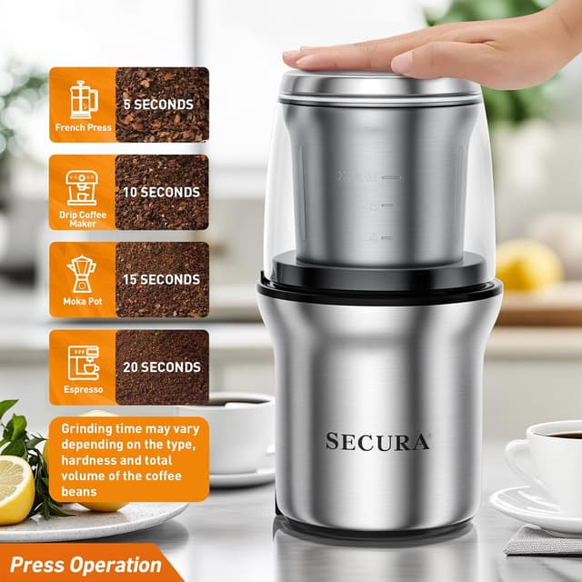 Detalle 2 de Secura Electric Coffee Grinder and Spice Grinder with 2 Stainless Steel Blades and Removable Bowls
