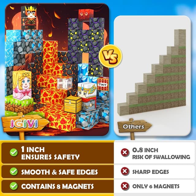 Detalle 2 de IGIVI Magnetic Blocks Build Mine Magnet World Lava Valley Set (88 pcs) – 2.5 cm magnetic cube building toy for ages 3+