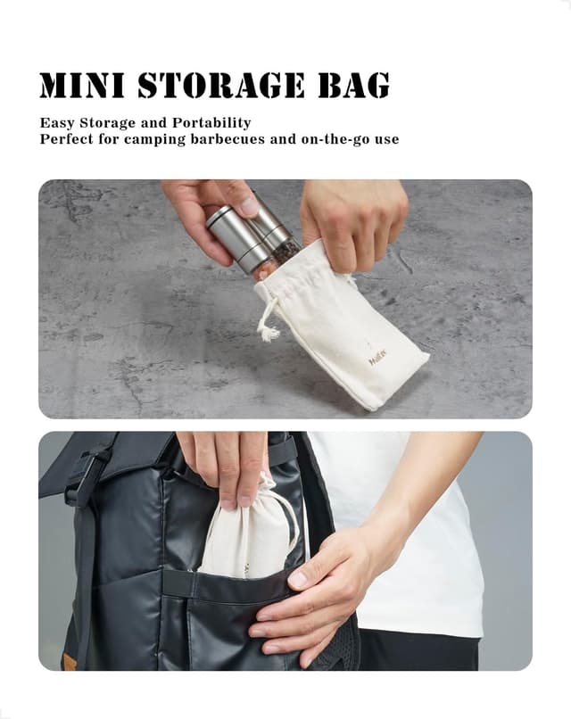 Detalle 2 de Portable Small Salt and Pepper Grinder Set – Compact Ceramic Grinder Jars for Camping, Picnics & BBQ (no spice content)