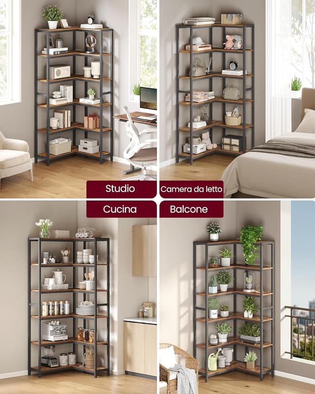 Detalle de VASAGLE Libreria angolare a 6 ripiani LLS606K01, stile moderno, marrone vintage e nero inchiostro