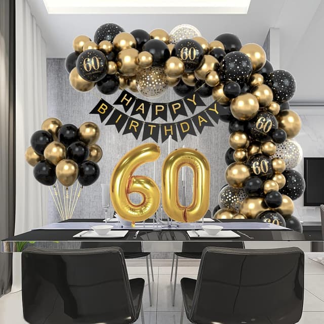 Detalle 2 de Schwarz-Gold 60 Geburtstag Deko mit Happy Birthday Banner & Luftballons – Set für Mann & Frau