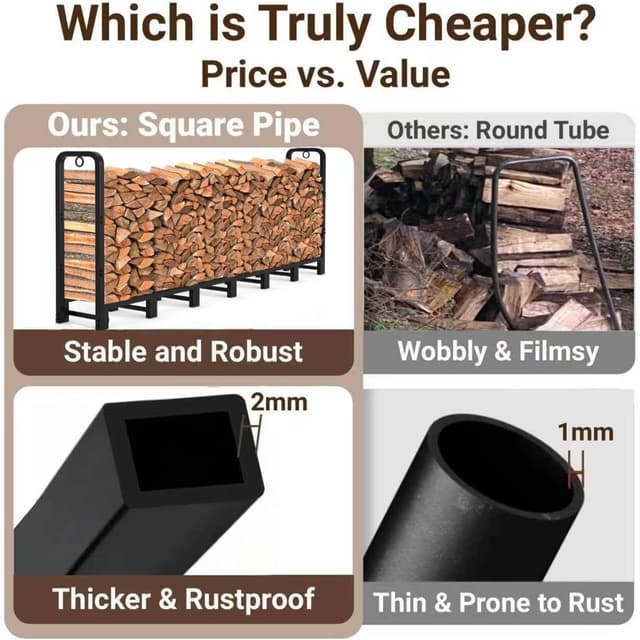 Detalle de Amagabeli 8ft outdoor firewood log rack (244cm x 36cm x 121cm) heavy-duty metal log holder