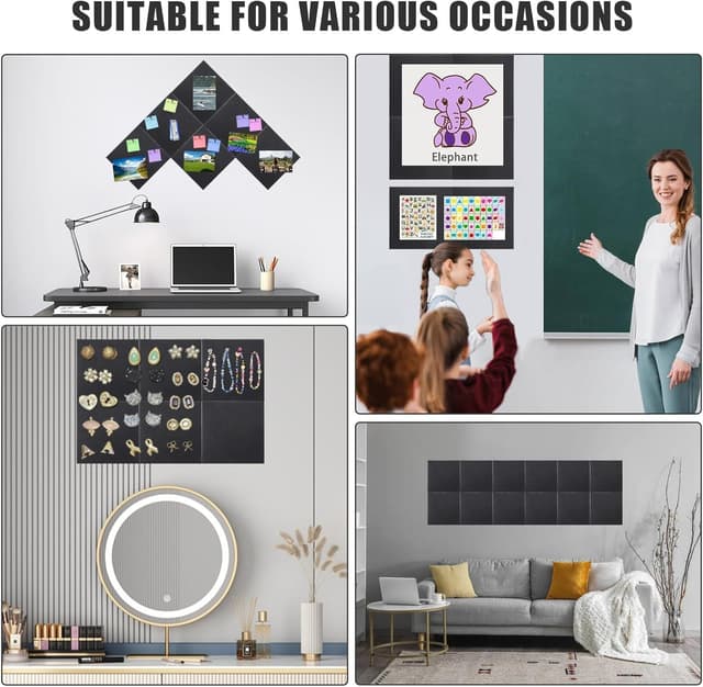 Thumbnail 6 de 120 x 90 cm Cork Board Alternative Felt Pin Board Tile Set (12-pack) with 30 pushpins – Black