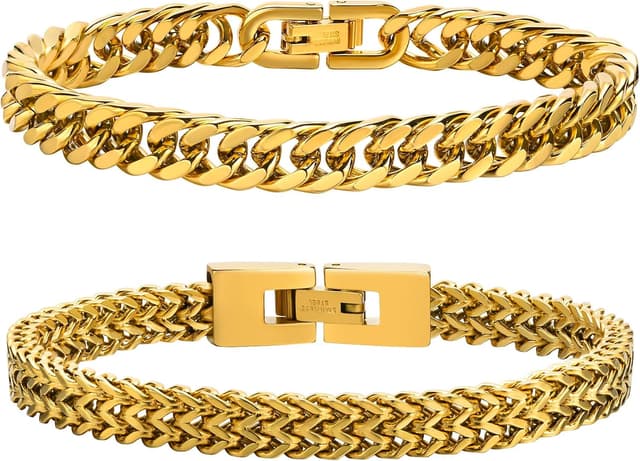 Detalle de Herren Armband Edelstahl Panzerkette (2 Stück) 8 mm – mit kubanischem & doppel franco Kettenarmband, in Geschenkbox