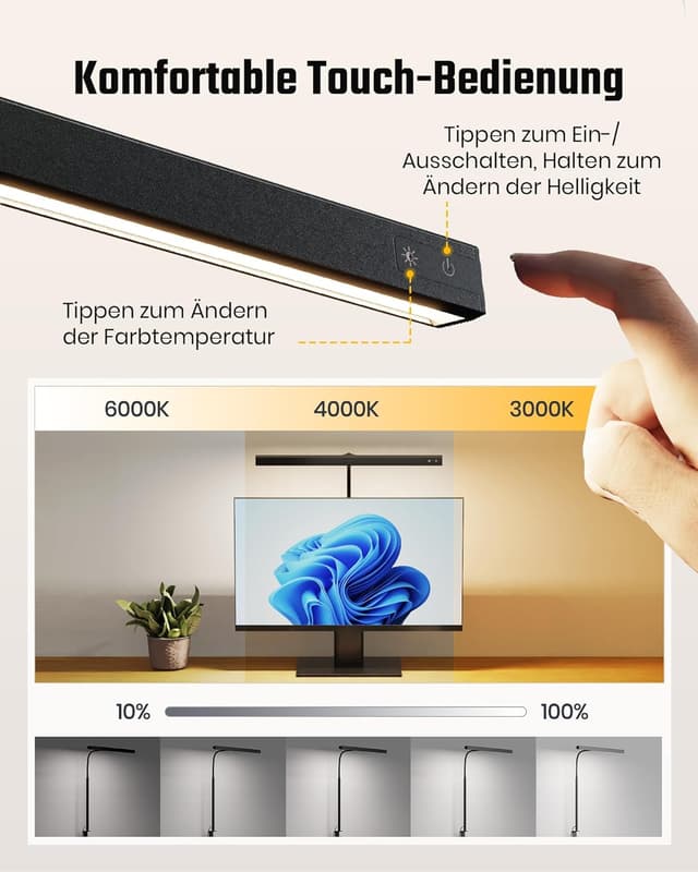 Detalle de RIXGLEAM LED-Schreibtischlampe dimmbar, klemmbar mit 45°-Streuwinkel und Schwanenhals für Homeoffice