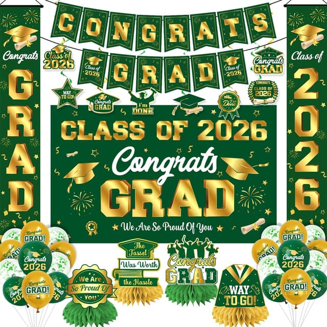 Detalle de M AMFEOV 2026 Green and Gold Graduation Party Decor Set with Congrats Grad Banner, Backdrop & Balloons