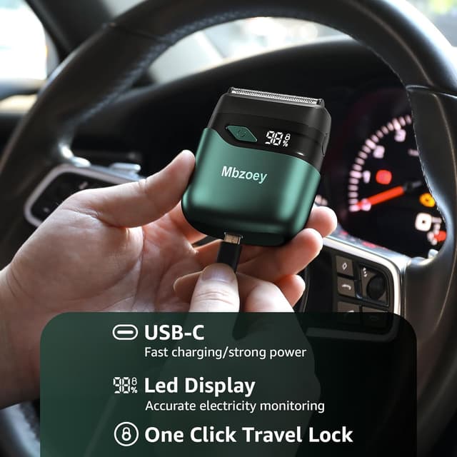 Detalle de Electric Foil Shaver for Men (Emerald Green) — Mini Cordless Wet/Dry Razor with IPX7 and USB-C