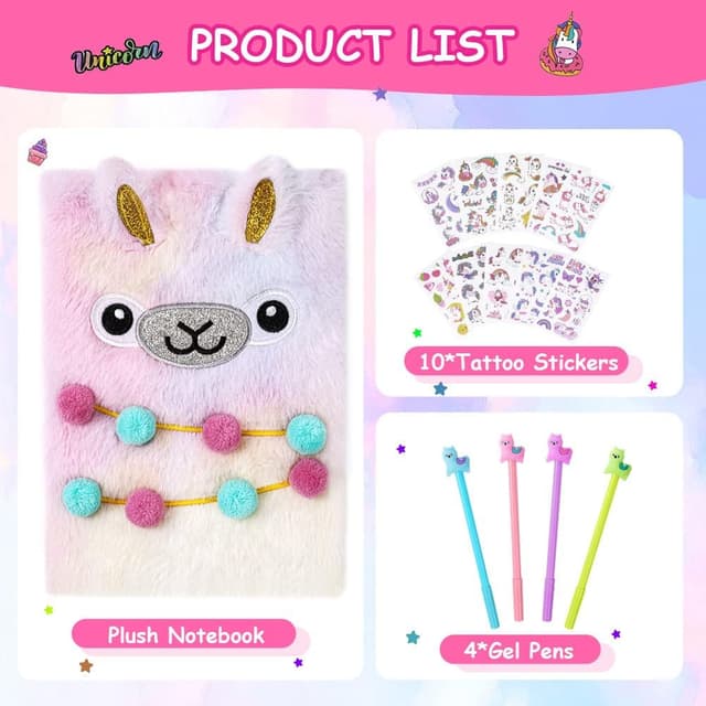 Detalle de OFFCUP Quaderno Peluche con Unicorno – Diario segreto con penne gel e adesivi (set di cancelleria per bambine)