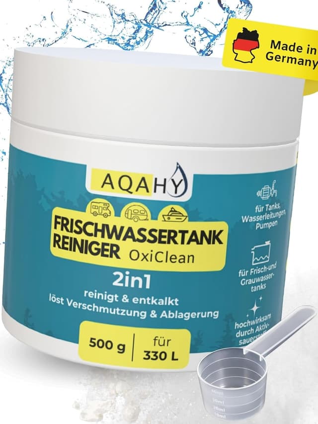 Detalle de AQAHY Wassertank Reiniger Wohnmobil Oxi Clean (500 g) 2in1 – Frischwassertank-Reiniger & Entkalker mit Aktivsauerstoff