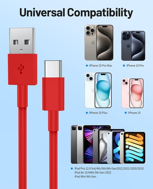 Detalle 2 de Ertra-Long Extra Long USB-C Cable (2-pack, 15ft total) USB-A to USB-C Fast Charging for iPhone, iPad, Samsung, and more (Red)