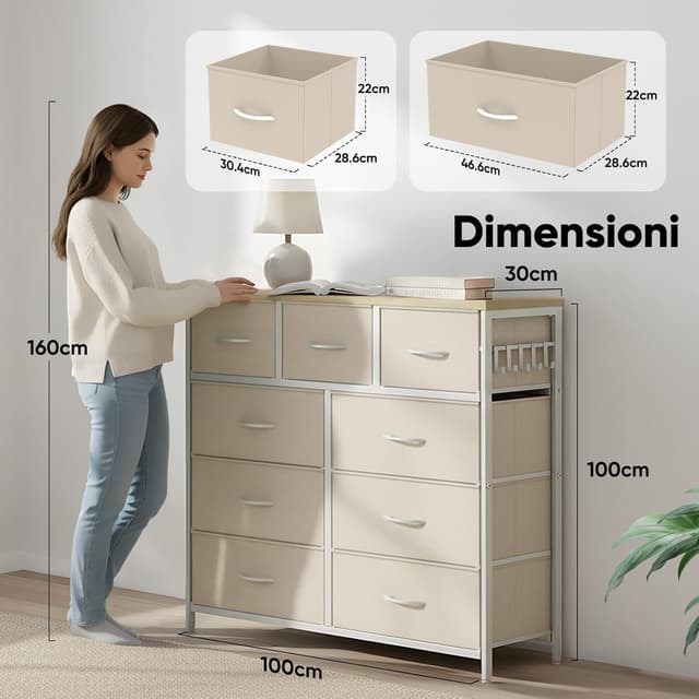 Detalle de HOKEEPER Cassettiera in tessuto con 9 cassetti, mobile salvaspazio 100x30x100 cm (beige)