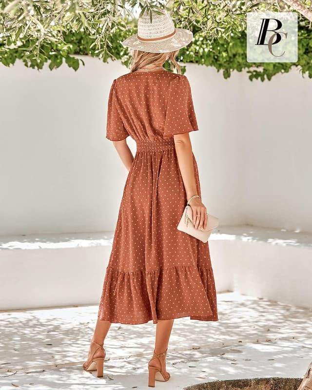 Detalle de BebreezChic Sommerkleid Damen lang Boho mit Swiss-Dot, V-Ausschnitt und geraffter hoher Taille