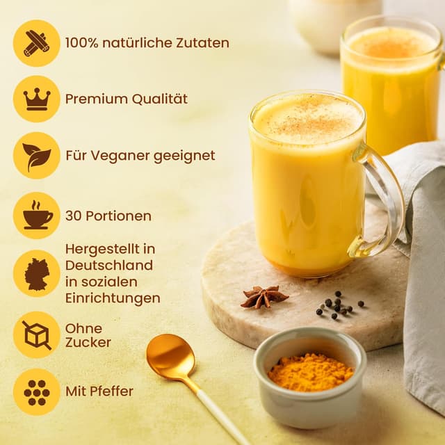 Detalle 2 de He-Ju Bio Goldene Milch Classic – Kurkuma-Latte Pulver mit Lucuma & Prise Pfeffer, zuckerfrei, vegan (150 g)