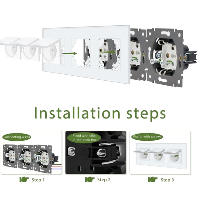 Detalle de BSEED Unterputz-Steckdose 3-fach mit wasserdichter Abdeckung, Kristallglas-Panel – horizontal nutzbar
