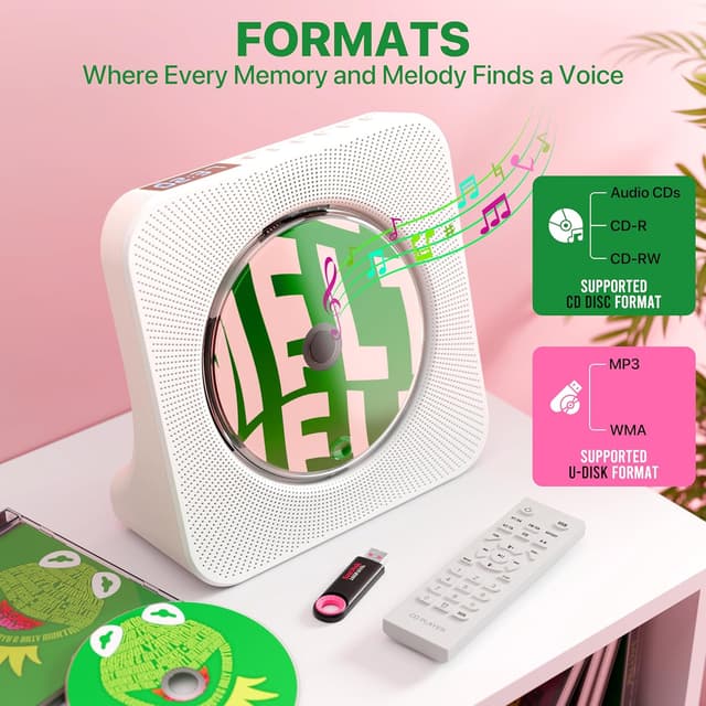 Detalle de ROADOM 8-in-1 Portable CD Player for Home (Desktop) with Bluetooth, FM Radio, USB, AUX, Remote & Timer