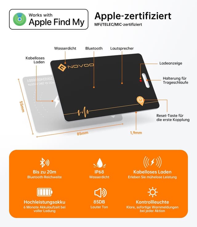 Detalle 2 de NOVOO lot de 2 cartes de suivi de portefeuille rechargeables avec Apple Find My (iOS uniquement)