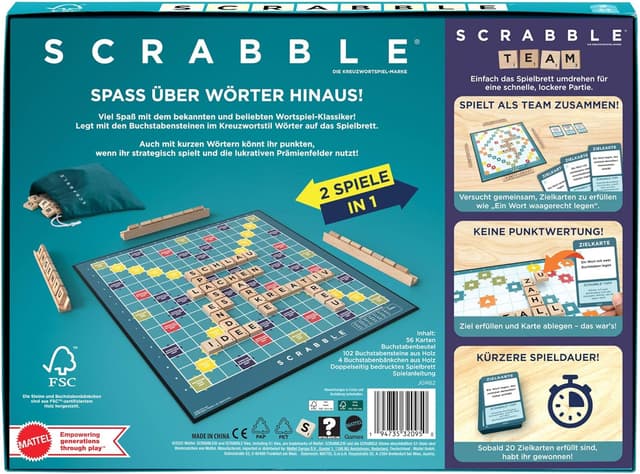 Detalle de Mattel Games Scrabble Brettspiel (JGR62) – klassisches Wortspiel mit Holz-Buchstaben, zwei Spielmöglichkeiten