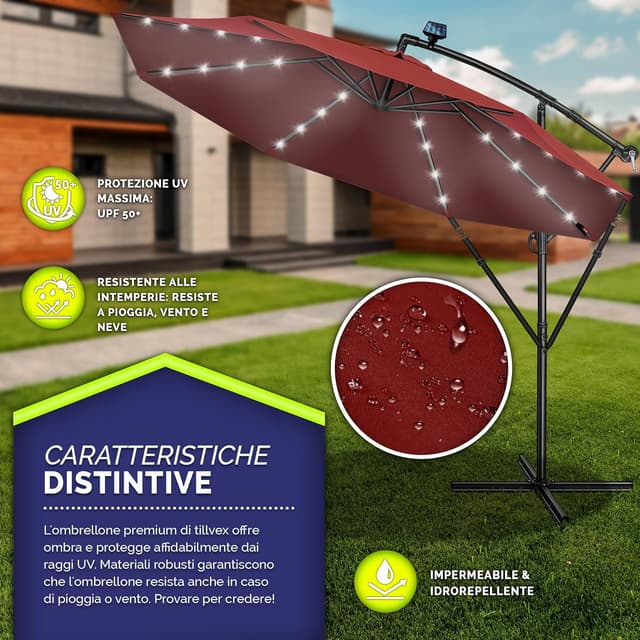 Detalle de Tillvex Ombrellone da giardino LED solare Ø300 cm con manovella e base impermeabile