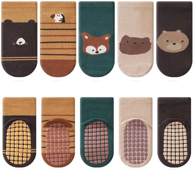 Detalle de Kyopp 5/10 Paar Baby- und Kleinkinder-Socken mit ABS-Noppen – rutschfeste Crew Socken (Tiermotive)