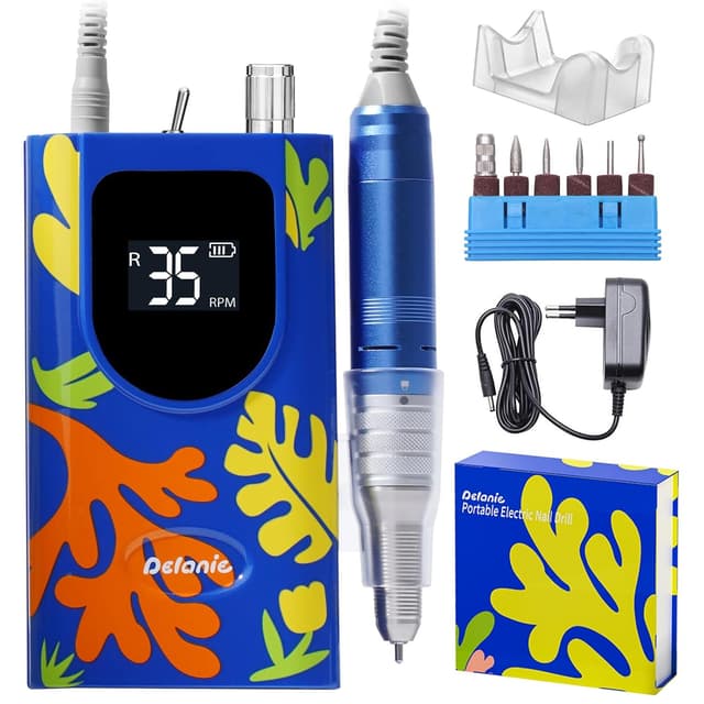 Detalle de Delanie Professioneller Nagelfräser (35000 U/min) – wiederaufladbar mit 6 Bits, LCD und variabler Drehzahl, blau im „Matisse“-Stil