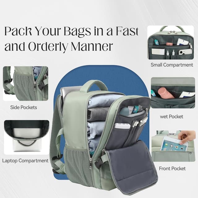 Thumbnail 5 de Xkdoai for Ryanair Cabin Bags 40x30x20, 24L Travel Backpack Underseat Hand Luggage Carry ons Airplanes Flight Bag Suitcases for Men Women, Mint Green