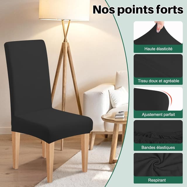 Detalle de Dioxide housse de chaise extensible pour salle à manger – lot de 4 pièces (noir)