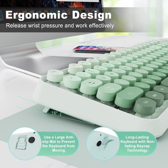 Detalle 2 de FOPETT Wireless Keyboard and Mouse Combo (2.4G) with 104 Round Keys — Green Gradient