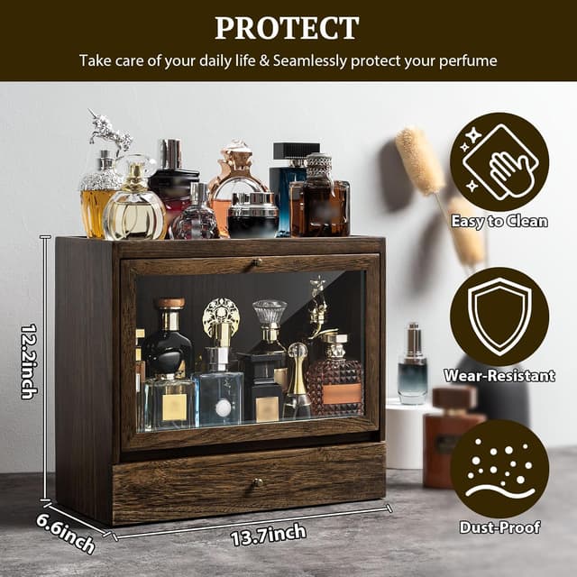 Detalle 2 de Emfogoo Cologne Stand solid wood perfume organiser with 3 tiers, dustproof acrylic panel and drawer storage