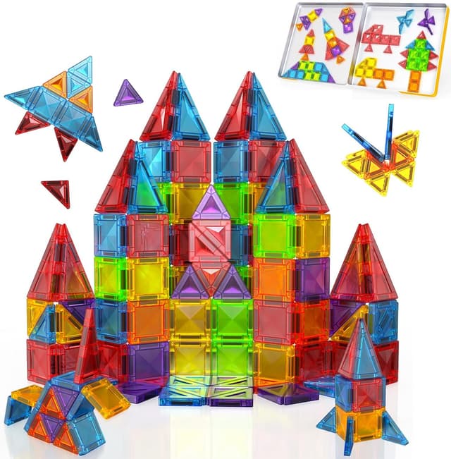 Detalle de Mini Magnetic Tiles 56-piece travel magnetic building blocks with metal box (sensory construction toy for ages 3+)