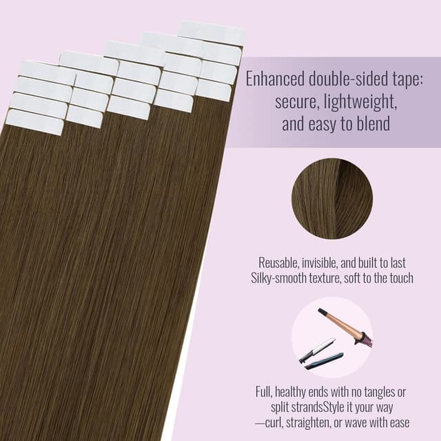 Detalle de Fshine Extensions Echthaar Tape in Mittelbraun (30 cm) – 20 Stück selbstklebende Tape-Extensions