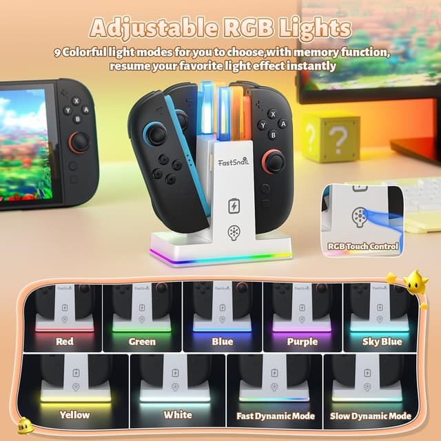 Detalle 2 de FASTSNAIL RGB Ladestation für Joy Con 2 – magnetisch, für bis zu 4 Controller, 9 RGB-Modi (Weiß)