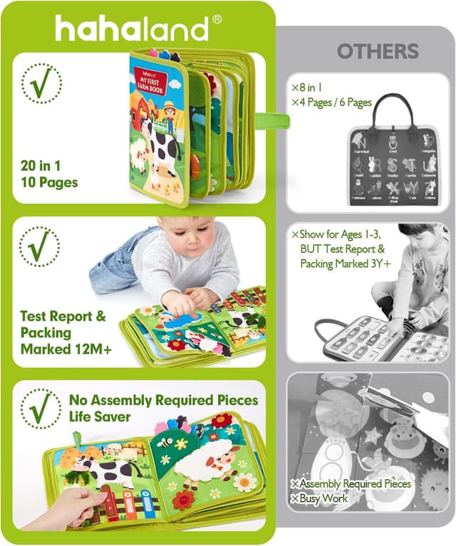 Detalle 2 de hahaland Toddler Busy Book Board Montessori activity toy for 1 year old 🎲