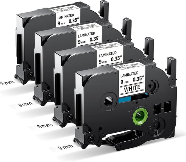 Detalle de MarkField TZe-221 9 mm Schriftband (schwarz auf weiß) kompatibel mit Brother P-touch, laminiert – 4er Pack