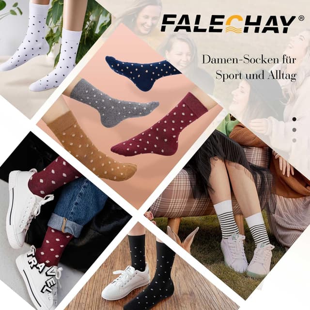 Detalle 2 de Falechay 10 Paar Damen Sportsocken (39–42 & 35–38), Baumwolle mit Punkten/Streifen