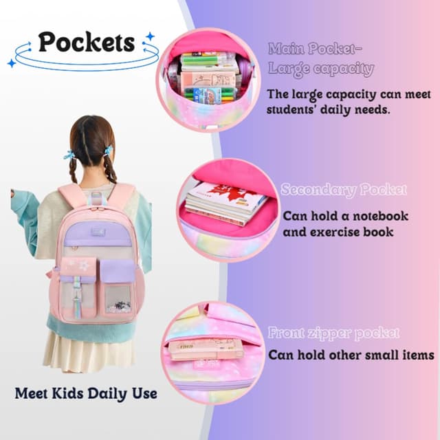 Detalle de VIDOSCLA Cute Colourful Casual Daypack for Girls (Gradient Pink) – Kids School Backpack, 29 x 16 x 41cm
