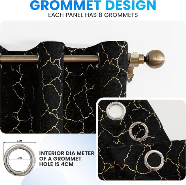 Detalle de Ystyle Rideau occultant en velours noir avec motifs dorés (lot de 2) 140x245 cm