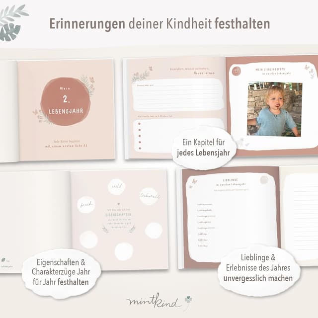 Detalle de mintkind® Erinnerungsalbum Kindheit Beige – Babybuch mit Sticker-Set, Hardcover-Fotoalbum (0–10 Jahre)