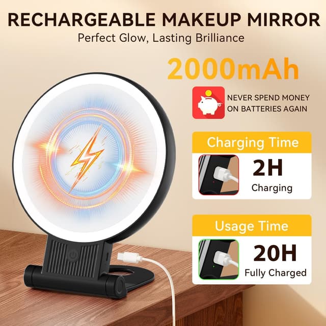 Detalle de Auxmir Kosmetikspiegel mit Beleuchtung – 30X/1X doppelseitig, dimmbar, 3 Lichtfarben, 2000 mAh, faltbar