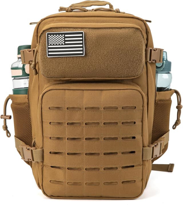 Detalle de QT&QY taktischer Militär-Rucksack für Herren (25 l) mit MOLLE, wasserdichtem 900D-Polyester und flachem 180°-Öffnen