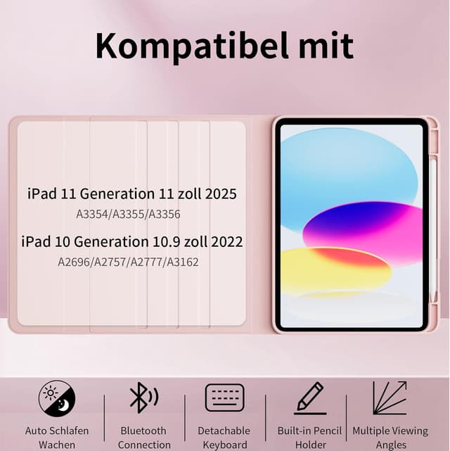 Detalle 2 de GKABXY Tastatur-Hülle für iPad 11 (A16) & iPad 10.9 (2022) – abnehmbare, beleuchtete Magnet-Tastatur (Rosa)