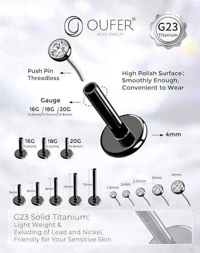 Detalle 2 de OUFER Body Piercing Labret en titanio negro con sistema threadless/push-in (16G/18G/20G)