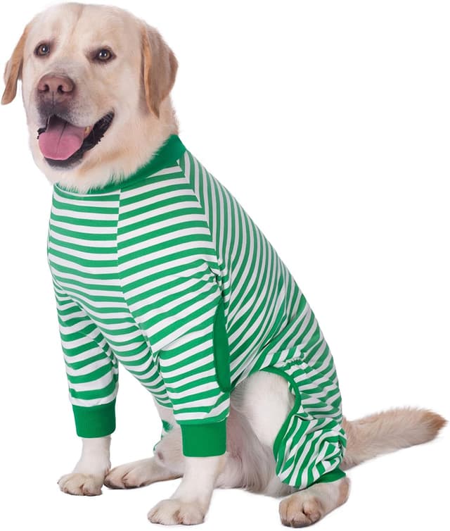 Detalle de BT Bear Large Dog Clothes cotton dog pyjamas jumpsuit with zip (light green, striped) for medium to large dogs