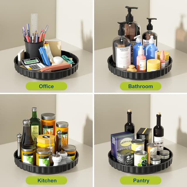 Detalle de Lazy Susan Turntable 3 Pack (Black) – 360° rotating cupboard and fridge organiser trays