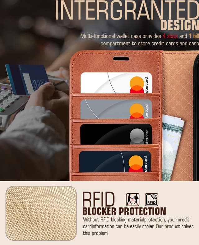 Detalle de OCASE Kompatible Hülle für Google Pixel 9 Pro XL – PU Leder-Flipcover mit Kartenfach, Standfunktion und RFID-Schutz (braun)