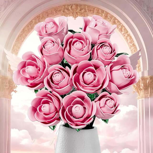 Detalle de XGSHJ Pink Rose Bouquet Building Set (12-Piece Botanical Collection) for Easter Baskets