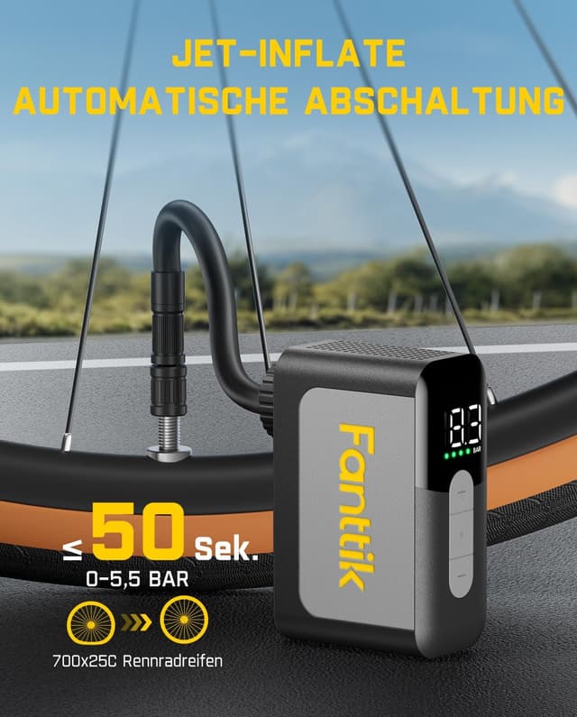 Detalle de Fanttik X10 Ace Mini Akku-Fahrradpumpe mit Manometer, bis 8,3 Bar – für Presta & Schrader