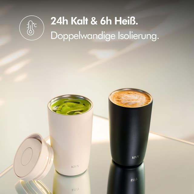 Detalle 2 de KIVY Thermobecher 350 ml – isolierter Edelstahl-Reisebecher für Heiß & Kalt (6 h heiß / 24 h kalt)