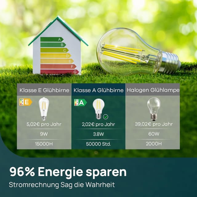 Detalle de Linkind Klasse-A E27 Vintage LED Filament A60, 3,8W (60W), 2700K, 806 lm – 6er-Set